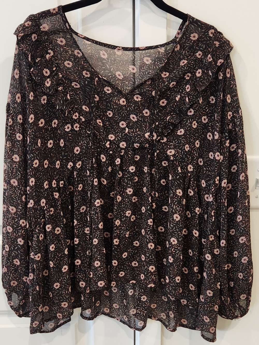 Women’s Black Floral V-Neck Blouse with Pink Flowers